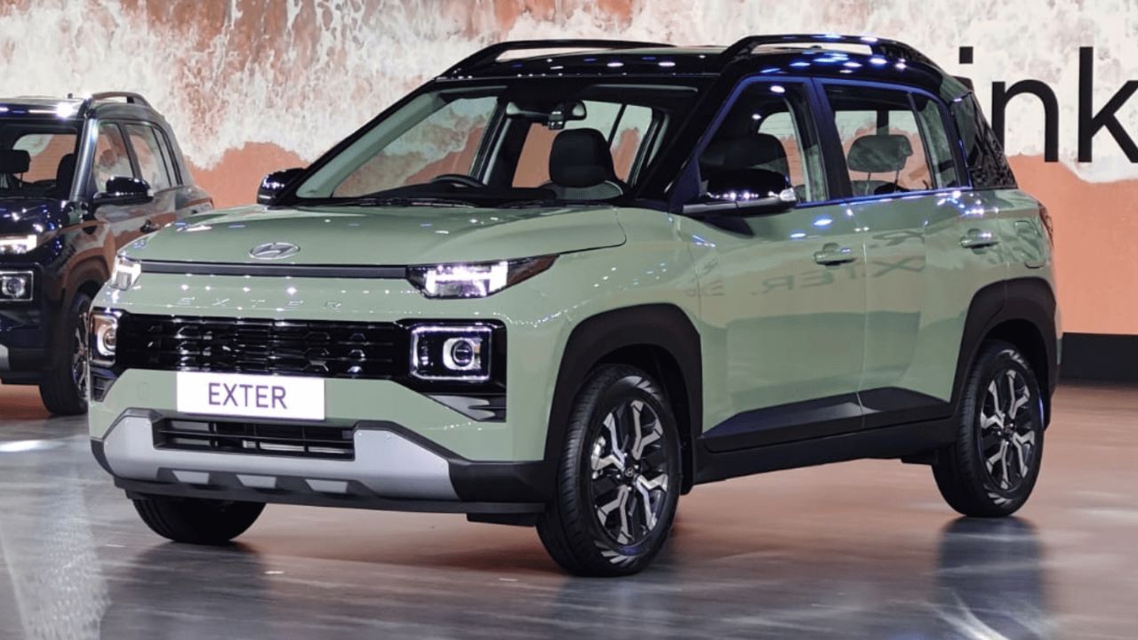 A image of Hyundai Exter SUV In Light Green Colour Which is palaced in hyundai showroom