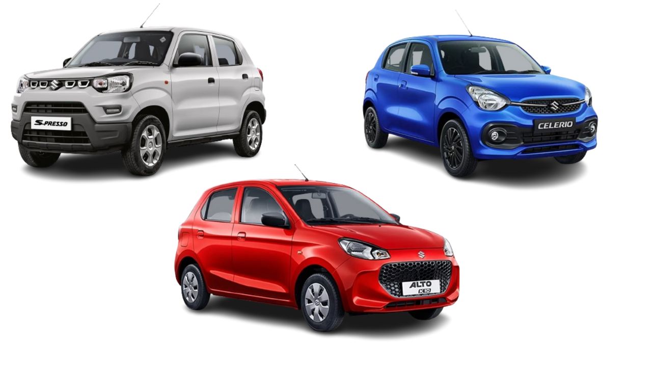 here is image of three Maruti Suzuki cars, one is Alto k10 in red colour , second is cellerio in blue colour and the third one is Maruti S-Presso