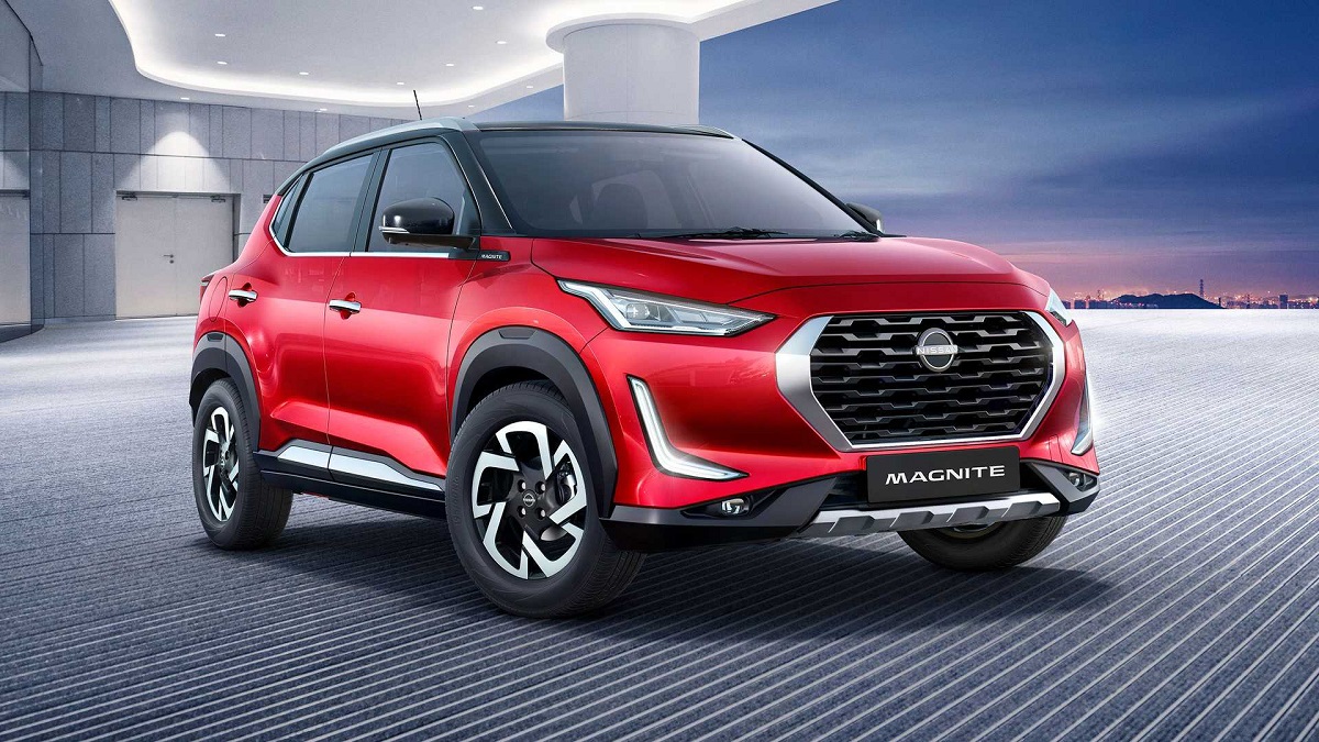 A image of Red Colour Nissan Magnite SUV With beautifull background