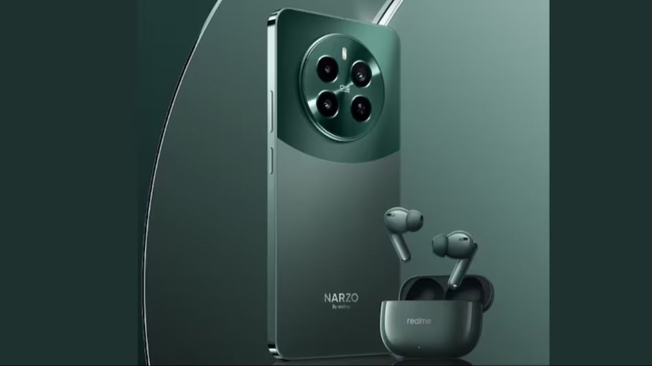 A image of forest green colour Realme Narzo 70 Pro 5G phone with a realme earbuds