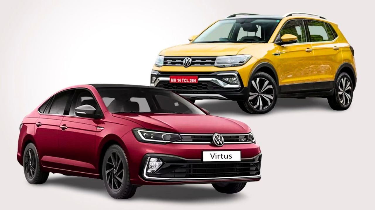 A image of Two car Which one is red colour Volkswagen Virtus and another is Volkswagen Taigan